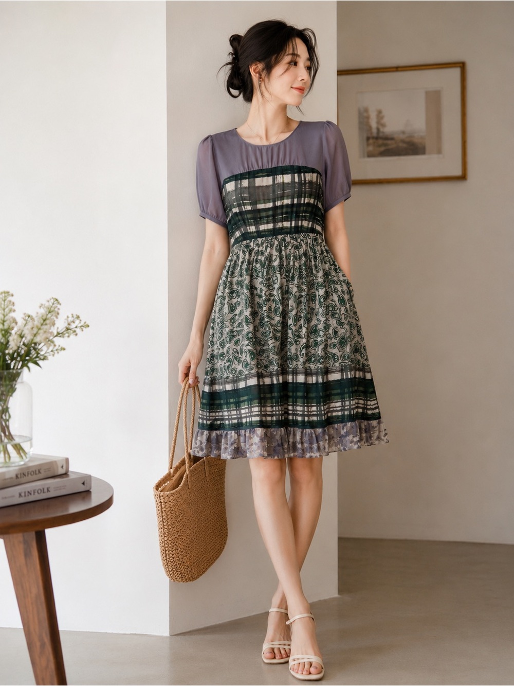 Gray Green Mixed Print Rayon Empire Waist A-Line Dress - Picture 1 of 13